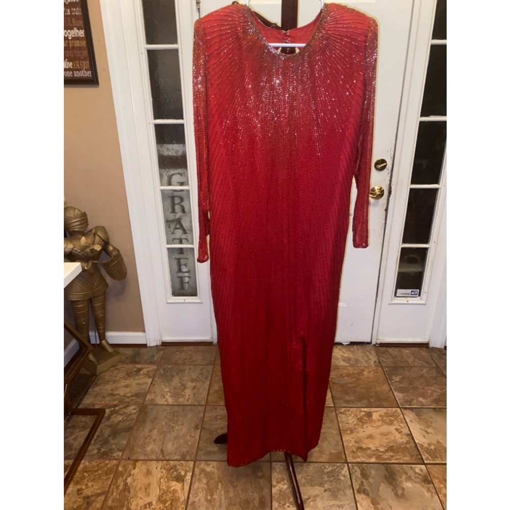 Women's Vintage STENAY Red Long Sleeve Silk Beaded Dress Size L